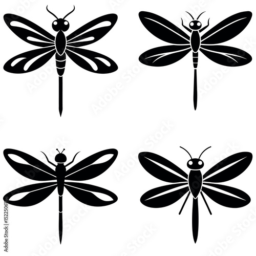 Four Black and White Dragonflies with Varied Wing and Antenna Designs on White