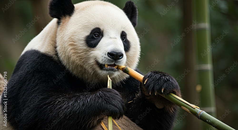Obraz premium Panda Eating Bamboo In A Forest Setting Displaying Black And White Fur With Green Bamboo And Natural Light