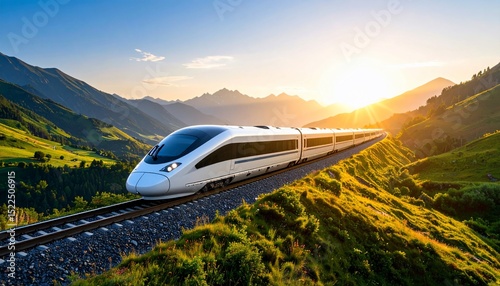 Wallpaper Mural High-Speed Train Journey Through Majestic Mountains at Sunset Torontodigital.ca
