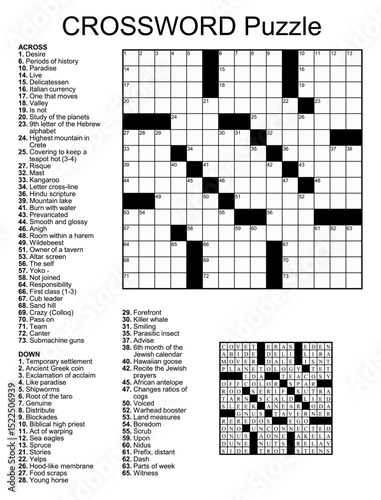 Crossword puzzle game with 15 x 15 squares with clues and solution.