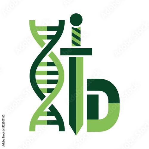 Green DNA Strand with Sword and Letter D in Modern Design