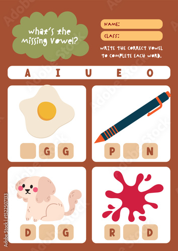 Cute kawaii and colorful worksheet for kids to write missing vowels in object names a fun printable activity to support reading spelling and phonics skills.
