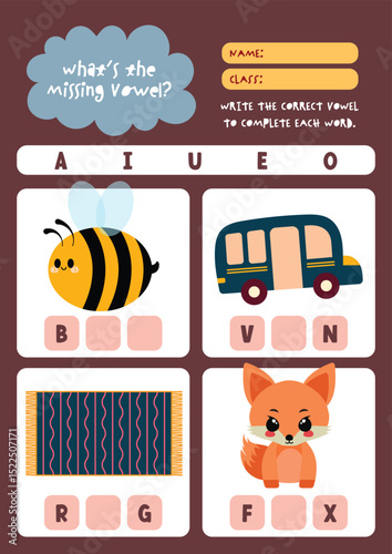 Cute kawaii and colorful worksheet for kids to write missing vowels in object names a fun printable activity to support reading spelling and phonics skills.