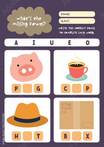 Cute kawaii and colorful worksheet for kids to write missing vowels in object names a fun printable activity to support reading spelling and phonics skills.