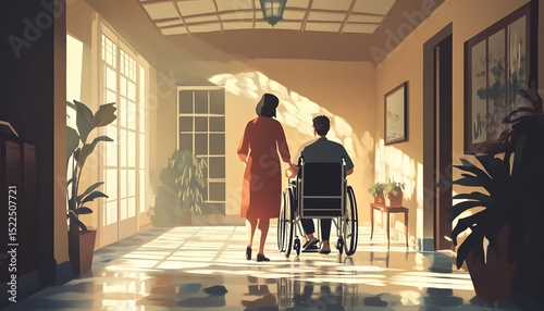 A woman helps a man in a wheelchair through a sunlit hallway.