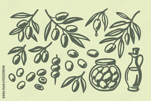 Olives branches and oil sketch doodle vector illustration

