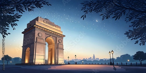 A foggy winter morning at India Gate, surrounded by perfectly trimmed lawns and framed by leafless trees fading into the mist.