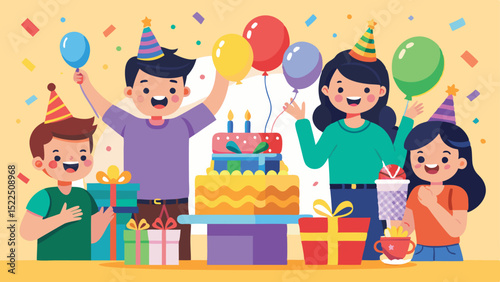 Cartoon Birthday Celebration Joyful Friends, Cake, Gifts, and Balloons, Party Hats, Confetti
