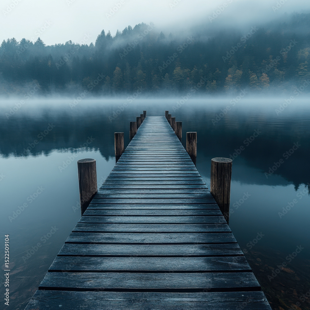 Fototapeta premium A lone person fishing on a fog-covered lake dock.