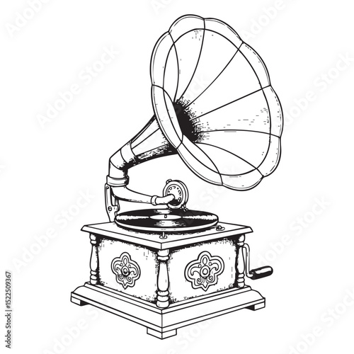 Vintage Gramophone Doodle Illustration – Hand-Drawn Black and White Line Art on Transparent Background