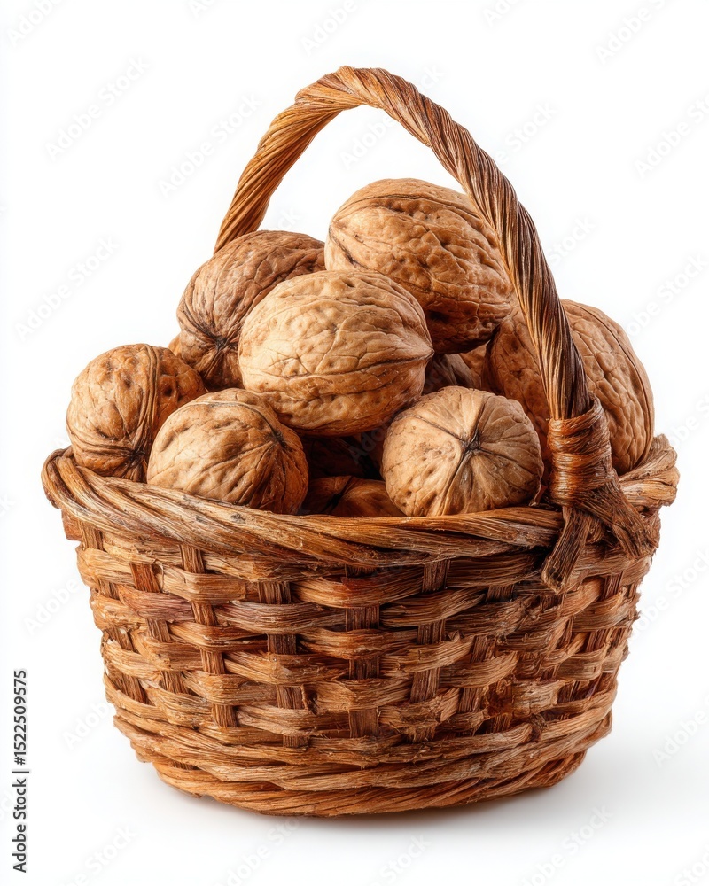 Rustic Wooden Basket Overflowing with Organic Walnuts: Autumn's Nutritious Harvest in Earthy Tones Rustic Wooden Basket Overflowing with Organic Walnuts: Autumn's Nutritious Harvest in Earthy Tones