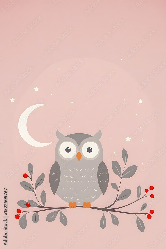 Fototapeta premium Minimalist Cartoon Owl on Branch with Crescent Moon and Stars – Soft Pastel Pink