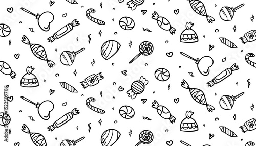Sweets icons background featuring cake pops, lollipops, jelly, candy corn, and candy. Hand-drawn sketch style vector illustration. Perfect for party designs, packaging, kids’ projects,