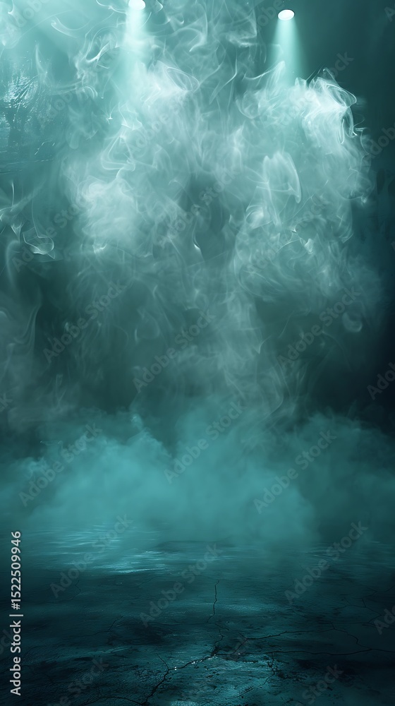 Fototapeta premium Ethereal turquoise mist illuminated by twin spotlights on a cracked stage