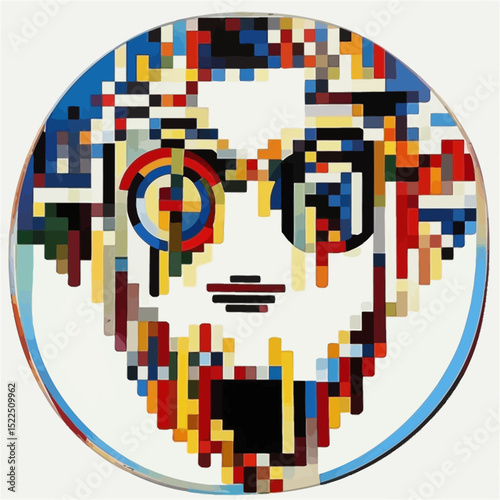 Abstract Pixelated Portrait Of A Face With Primary Colors In A Circular Composition On Canvas