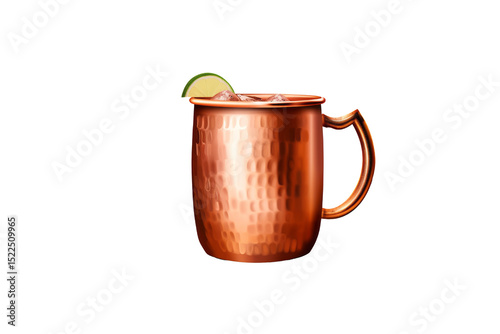 Photography A copper mug filled with ice and a lime wedge, suggesting a refreshing Moscow Mule