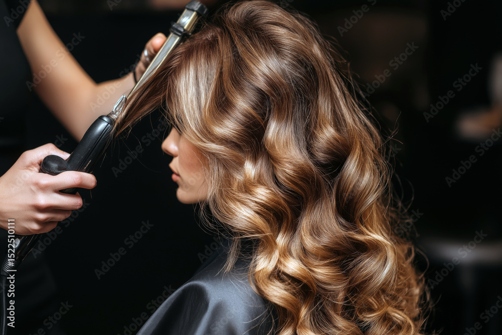 Fototapeta premium Female stylist using curling iron to create voluminous waves for a glamorous client, beauty session moment.