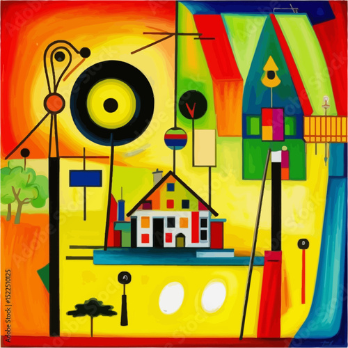 Abstract Colorful Painting Features Houses Geometric Shapes And Vibrant Hues In A Surreal Style