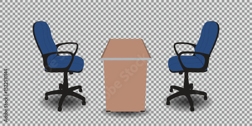Two stylish blue executive chairs facing each other with a plywood table in between, side view from a slightly top angle