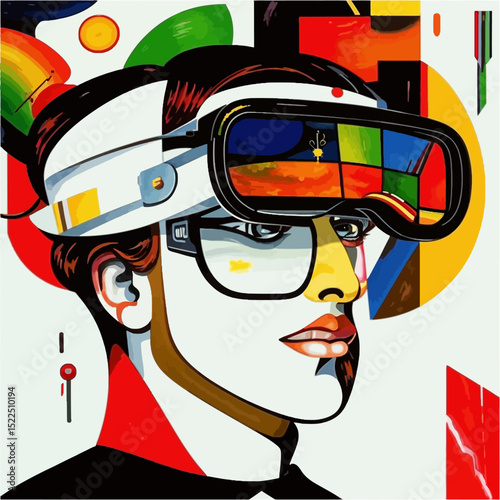 Modern Stylized Portrait Of A Person Wearing Vr Headset And Glasses In Bold Colorful Abstract Art