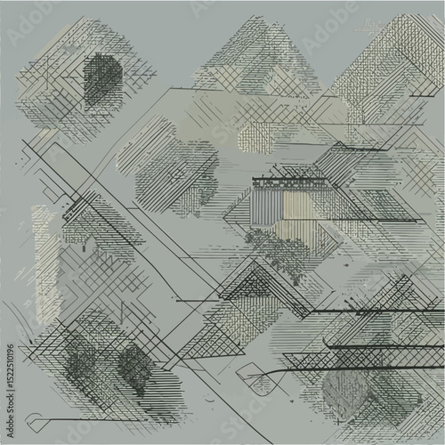 Abstract Composition Featuring Geometric Shapes Hatching And Muted Tones With A Textured Finish
