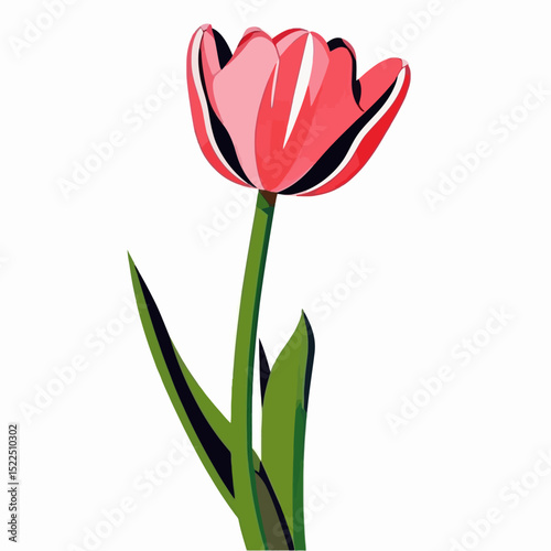 Stylized Single Pink Tulip Illustration With A Green Stem And Leaves On A Clean White Background