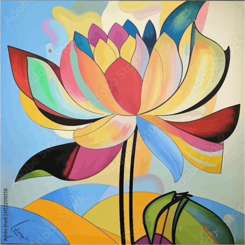 Vibrant Water Lily Blooms In A Bold Colorful Contemporary Painting With Fluid Lines And Vivid Hues