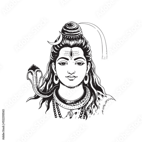 Lord Shiva Doodle Illustration – Hand-Drawn Black and White Line Art on Transparent Background
