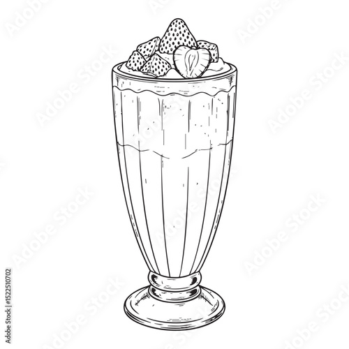 Strawberry milkshake Doodle Illustration – Hand-Drawn Black and White Line Art on Transparent Background