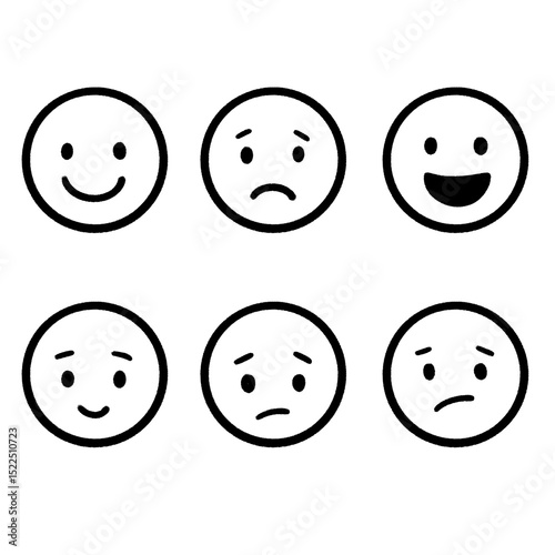 Emotion Faces Icon Set – Hand-Drawn Line Art of Various Facial Expressions for Mood and Feelings Concepts