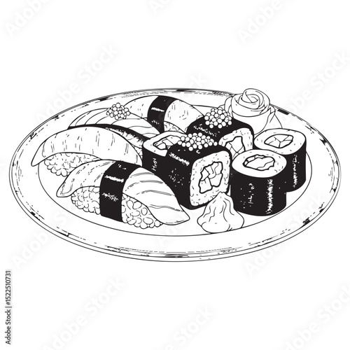 Plate of sushis Doodle Illustration – Hand-Drawn Black and White Line Art on Transparent Background