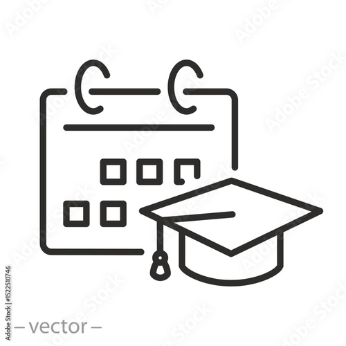 calendar and graduation cap icon, academic calendar, end of graduation, educational planning, thin line symbol on white background, rapid education, editable stroke vector illustration