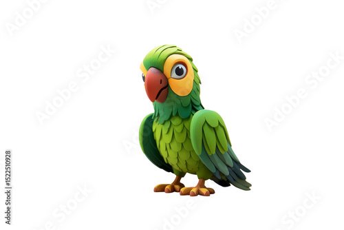 A cute cartoon parrot with green feathers, a red beak, and yellow accents, standing on a transparent background. background removed