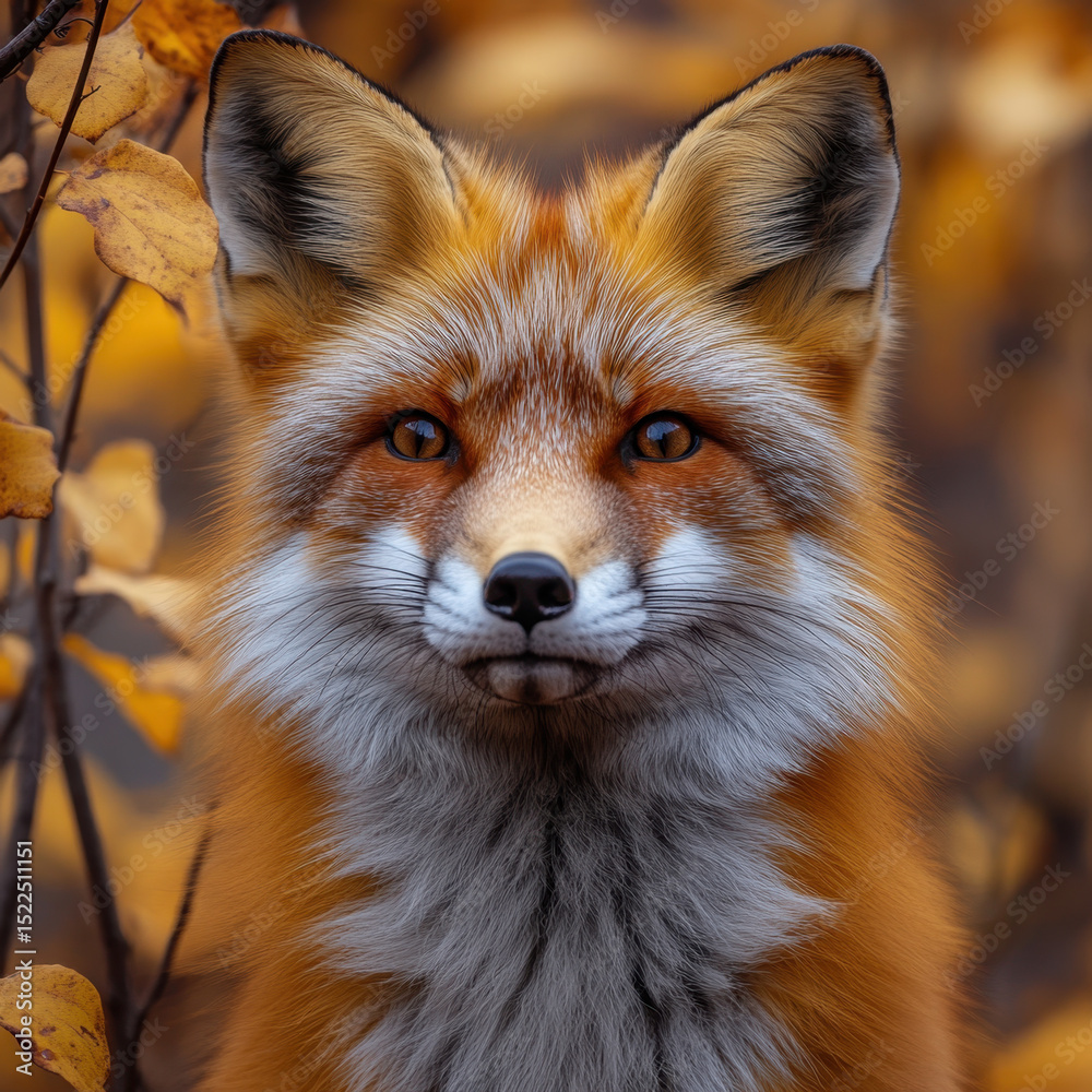 Fototapeta premium Red fox standing among fall leaves.