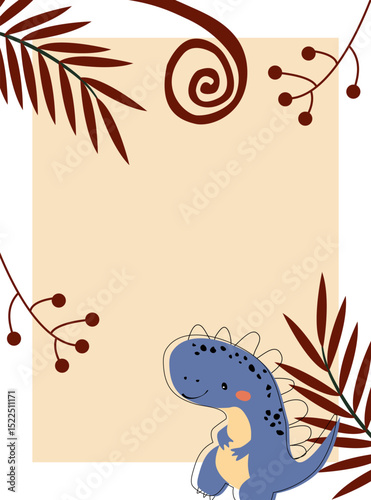 Dinosaur vector card template. Children's set with cute dinosaurs and various elements. Dino baby colorful background