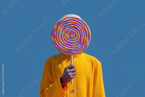 A person standing beside an oversized lollipop, vibrant colors, simple backdrop