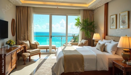Luxurious honeymoon suite with ocean view, private balcony, and plush furnishings Enjoy ultimate relaxation and romance in this idyllic paradise , bedroom, hotel, tropical