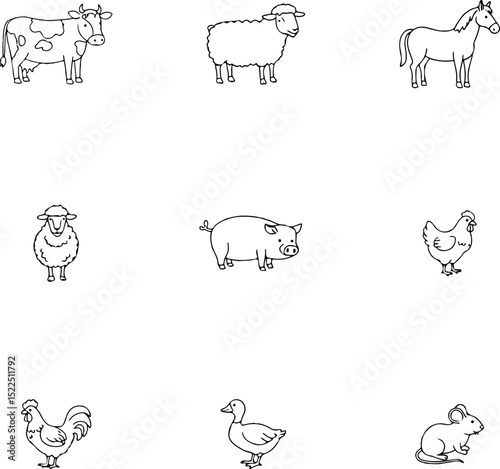 Simple Doodle-Style Farm Animal Icon Set.