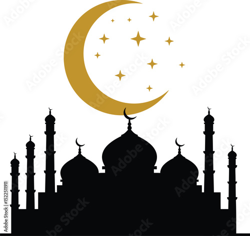 Elegant vector silhouette of a mosque with moon and stars design for islamic themes