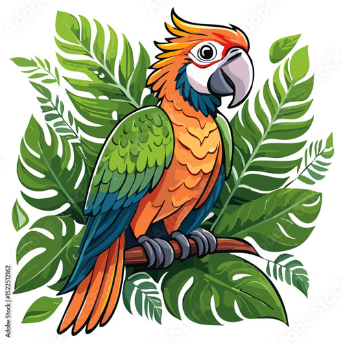Macaw parrot sitting on a branch vector illustration. Exotic colored bird on isolated background	