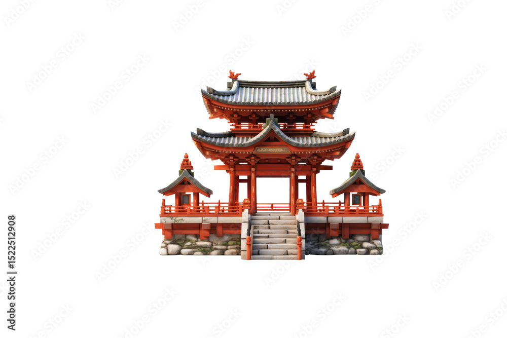 Obraz premium A meticulously detailed 3D rendering of a traditional Japanese gate, showcasing intricate architecture and vibrant colors. background removed