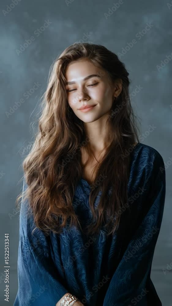 Portrait of a pretty brunette woman with long wavy hair, wearing a blue patterned shirt in front of a gray studio backdrop, looking into the camera Portrait of a pretty brunette woman with long wavy hair, wearing a blue patterned shirt in front of a gray studio backdrop, looking into the camera