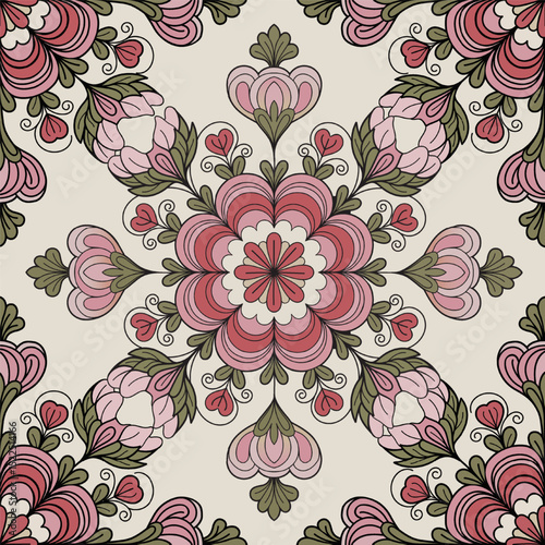 Folk-Inspired Islamic Mandala Pattern – Romantic Pink and Olive Green Floral Design
