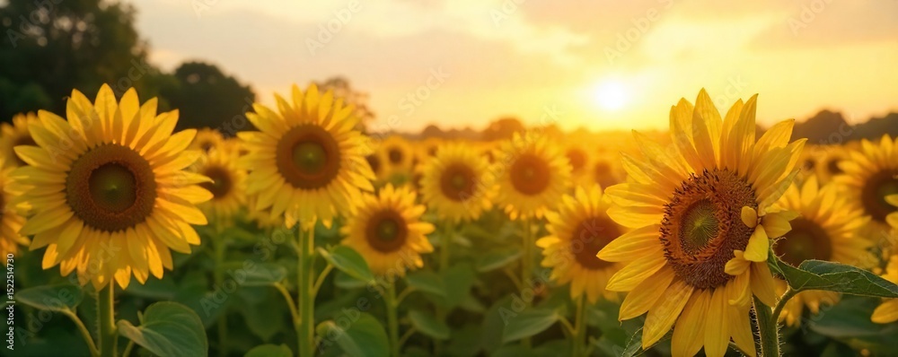 Obraz premium Golden hour sunlight bathes a field of ripe sunflowers, their heads heavy with summer's bounty A vibrant scene of abundant harvest, ready for picking , bounty, golden light