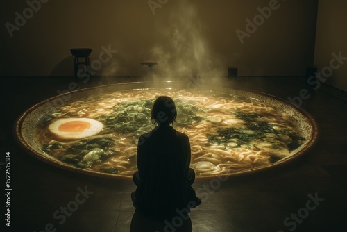 A silhouette beside a huge bowl of ramen, artistic composition, soft lighting