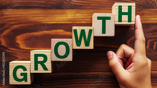 A close-up photograph shows light wooden blocks spelling GROWTH in bright green letters arranged as ascending steps on a rich brown wood background with a pointing hand photo