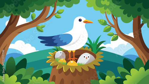 Cartoon Seagull Protecting Nest With Eggs and Chicks in Woodland Scene Illustration