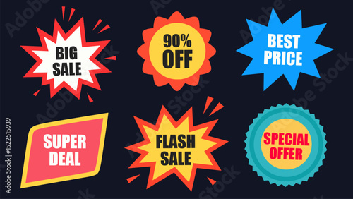 Set of colorful sale badges with text like Big Sale, 90% Off, Best Price, Flash Sale, and more. Perfect for ads, banners, online stores, and seasonal promotions.