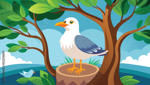 Stylized Seagull Perched on Tree Stump Near Lush Tree Branches and Smaller Blue Bird