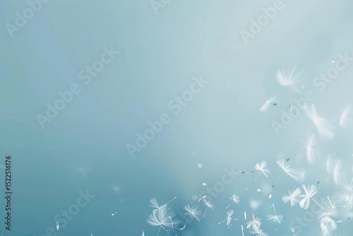 Image shows dandelion seeds dispersing against a pale blue gradient background. Seeds are mostly concentrated on the bottom right.